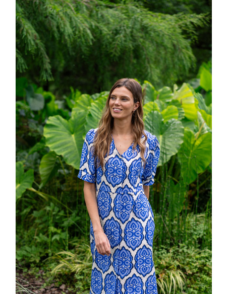 Vestido de lino y algodón con estampado azul