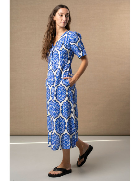 Vestido de lino y algodón con estampado azul