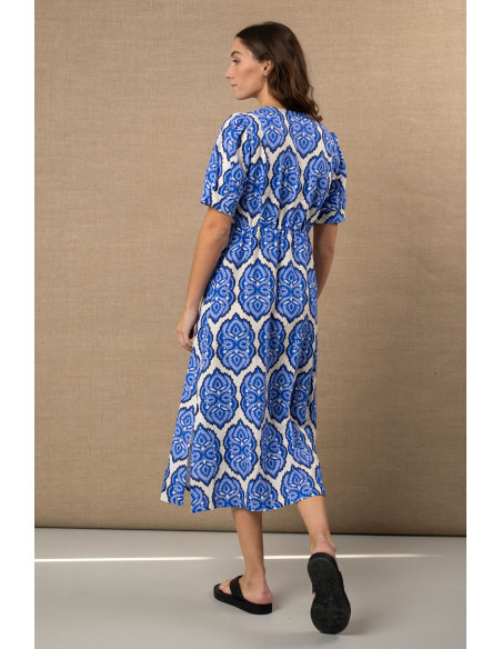 Vestido de lino y algodón con estampado azul