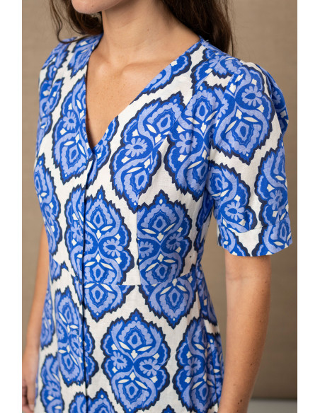 Vestido de lino y algodón con estampado azul
