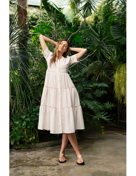 Vestido con volantes de rayas beige