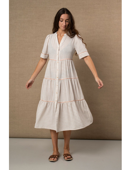 Vestido con volantes de rayas beige
