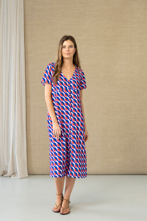 Vestido midi estampado geométrico con botones
