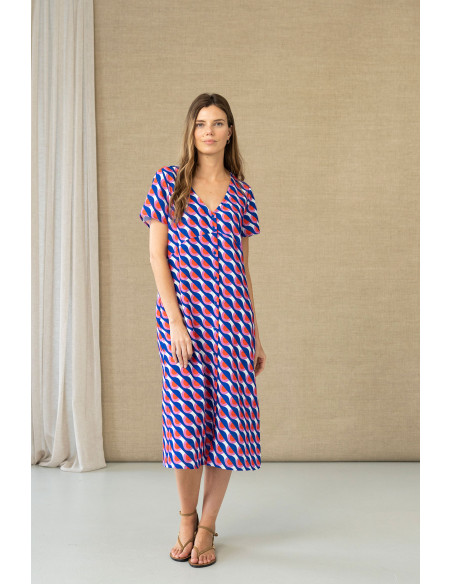 Vestido midi estampado geométrico con botones