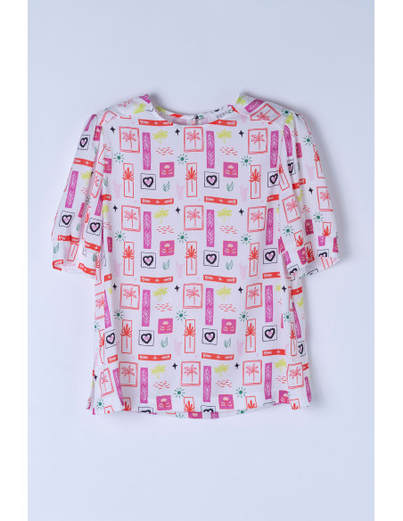 Blusa fluida estampada multicolor con manga ligeramente abullonada