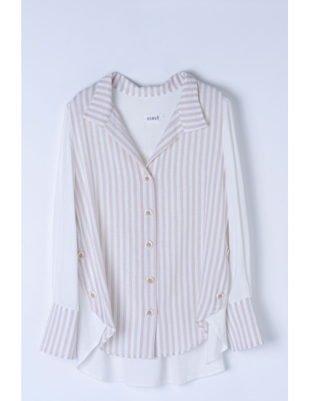 Camisa fluida bicolor de rayas beige con botones laterales