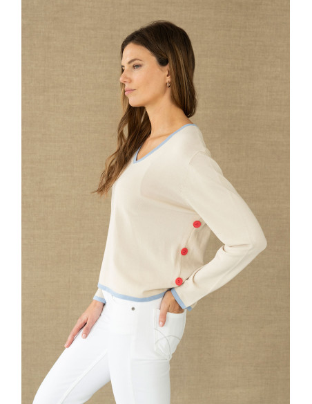 Jersey fluido escote pico con contraste azul