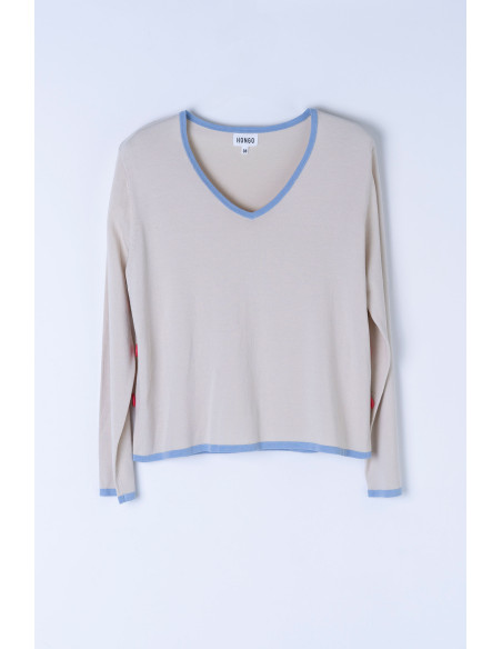 Jersey fluido escote pico con contraste azul