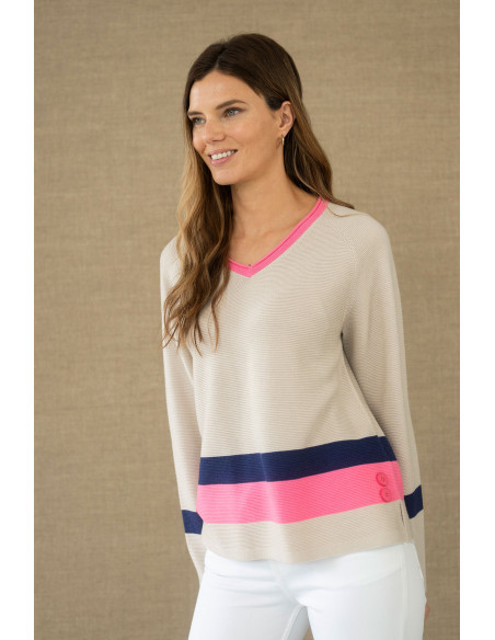 Jersey beige con franja azul y rosa