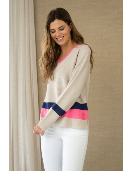 Jersey beige con franja azul y rosa