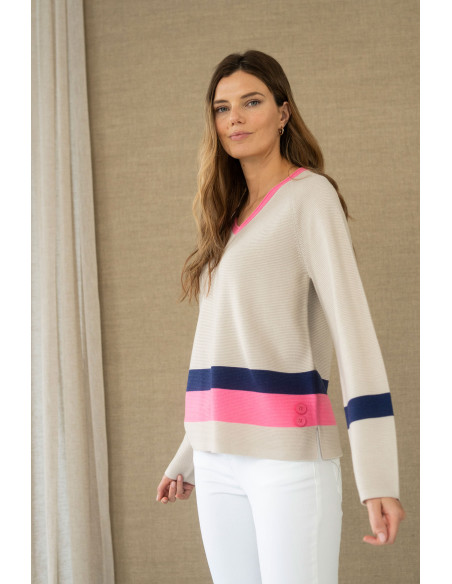Jersey beige con franja azul y rosa