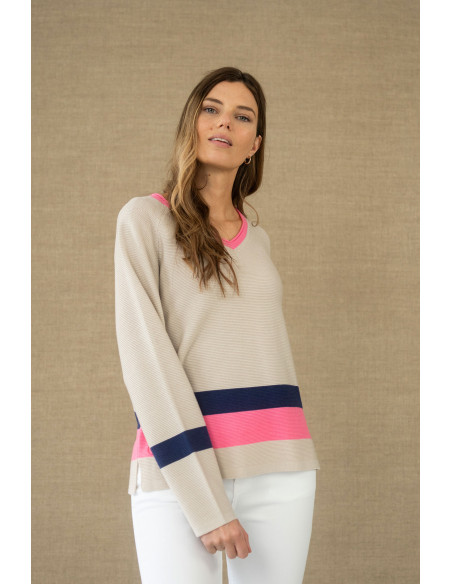 Jersey beige con franja azul y rosa