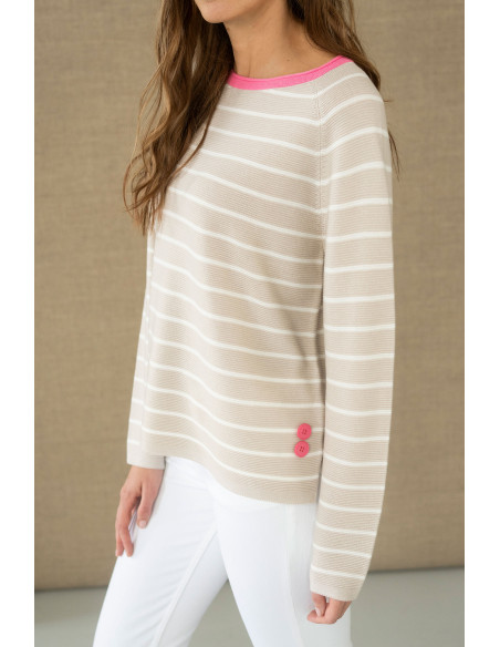 Jersey de rayas beige con cuello rosa