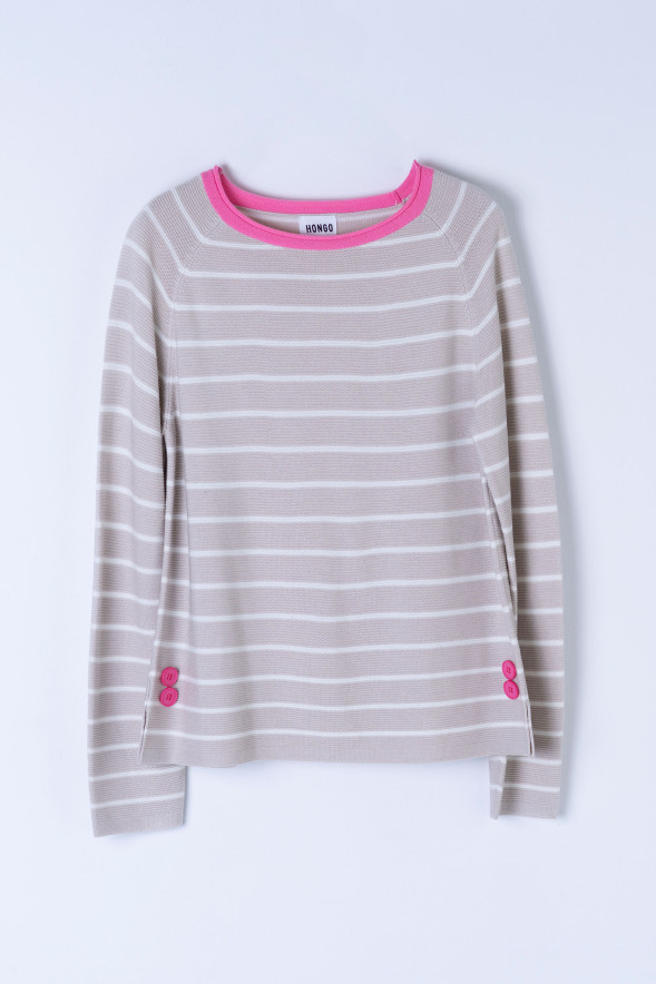 Jersey de rayas beige con cuello rosa